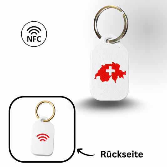 Schlüsselanhänger mit Länderdesign (Schweiz) und integriertem, frei programmierbarem NFC-Chip. B2C