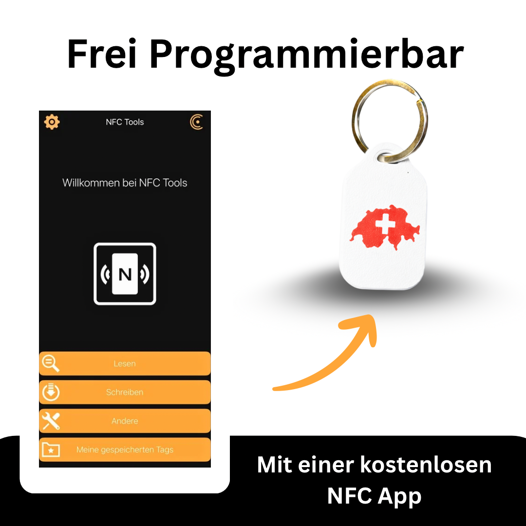 Schlüsselanhänger mit Länderdesign (Schweiz) und integriertem, frei programmierbarem NFC-Chip. B2C