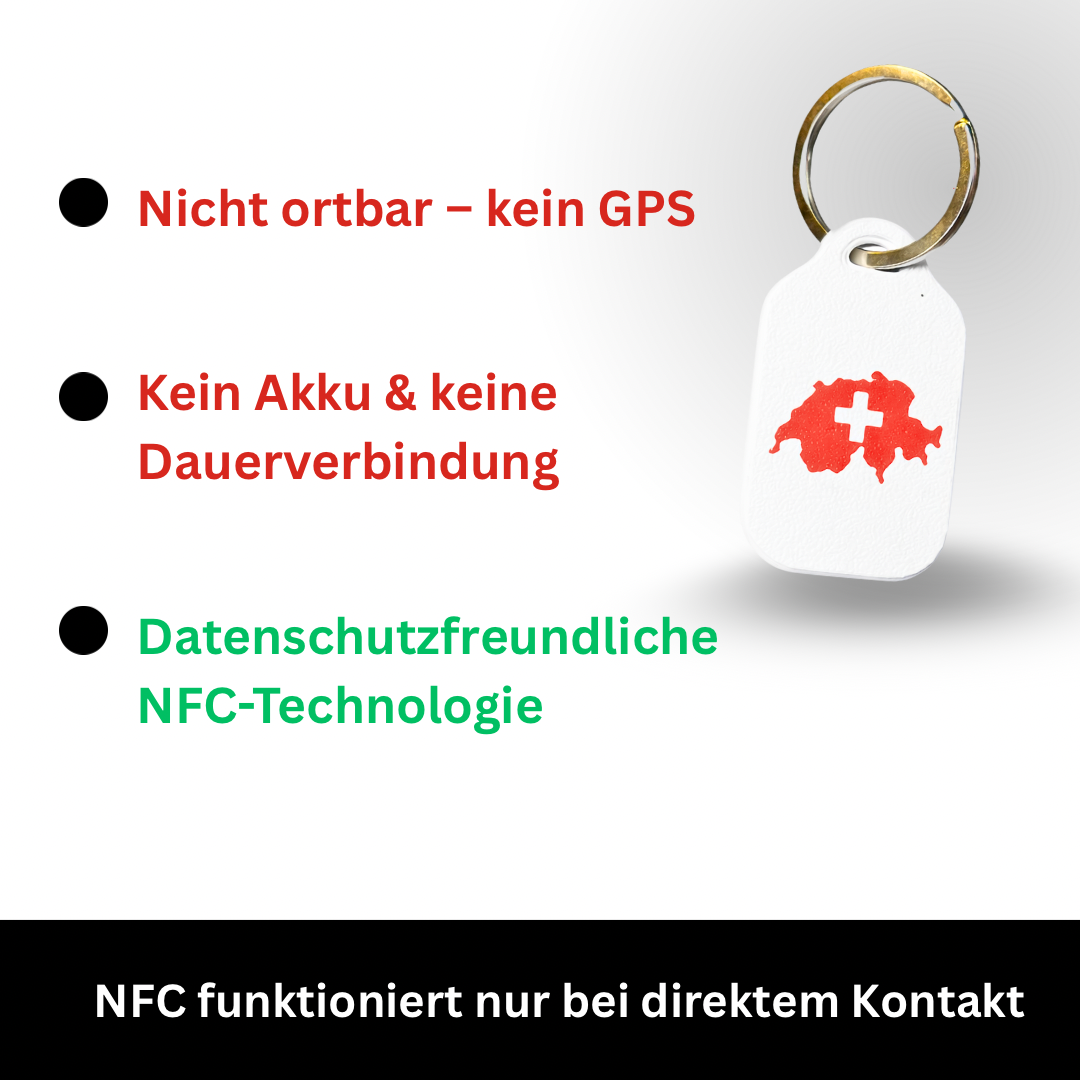 Schlüsselanhänger mit Länderdesign (Schweiz) und integriertem, frei programmierbarem NFC-Chip. B2C