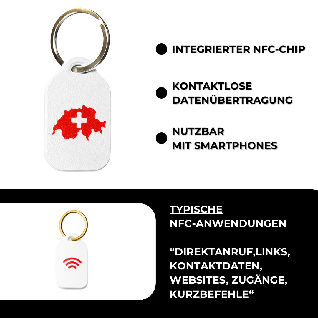 Schlüsselanhänger mit Länderdesign (Schweiz) und integriertem, frei programmierbarem NFC-Chip. B2C