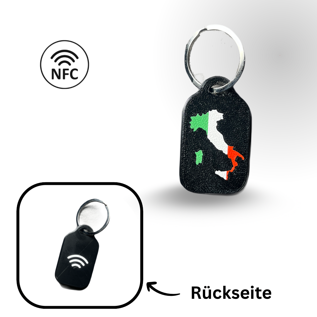 Schlüsselanhänger mit Länderdesign (Italien) und integriertem, frei programmierbarem NFC-Chip. B2C
