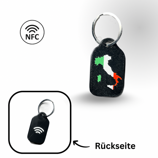 Schlüsselanhänger mit Länderdesign (Italien) und integriertem, frei programmierbarem NFC-Chip. B2C